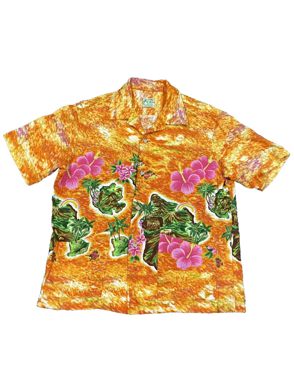 Ui-Maikai Hawaiian Shirt VTG 100% Cotton Orange Yellow Island Neon HTF Large EUC